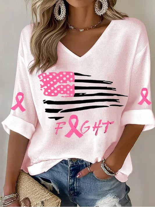 Women's Breast Cancer Pink Ribbon Flag Print T-Shirt