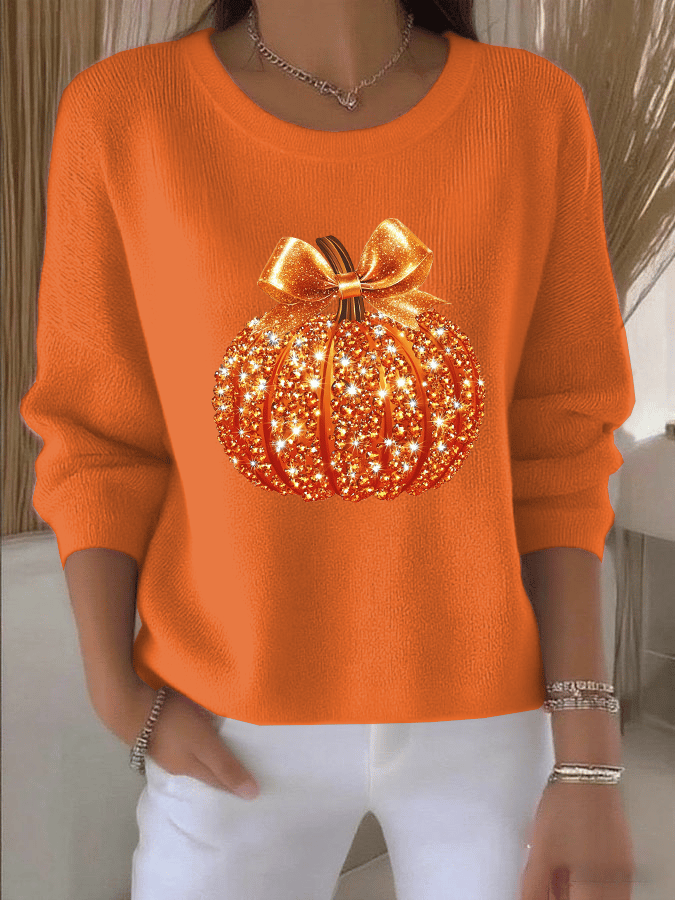 Women's Autumn Sequin Pumpkin Print Knit Long Sleeve Top
