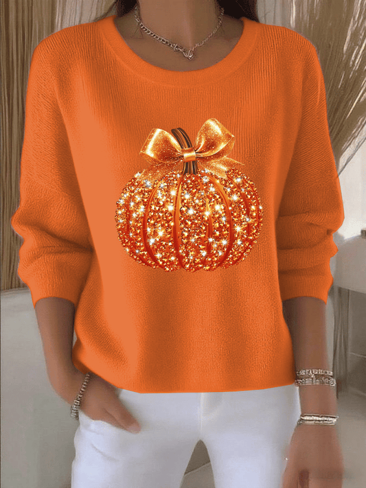 Women's Autumn Sequin Pumpkin Print Knit Long Sleeve Top