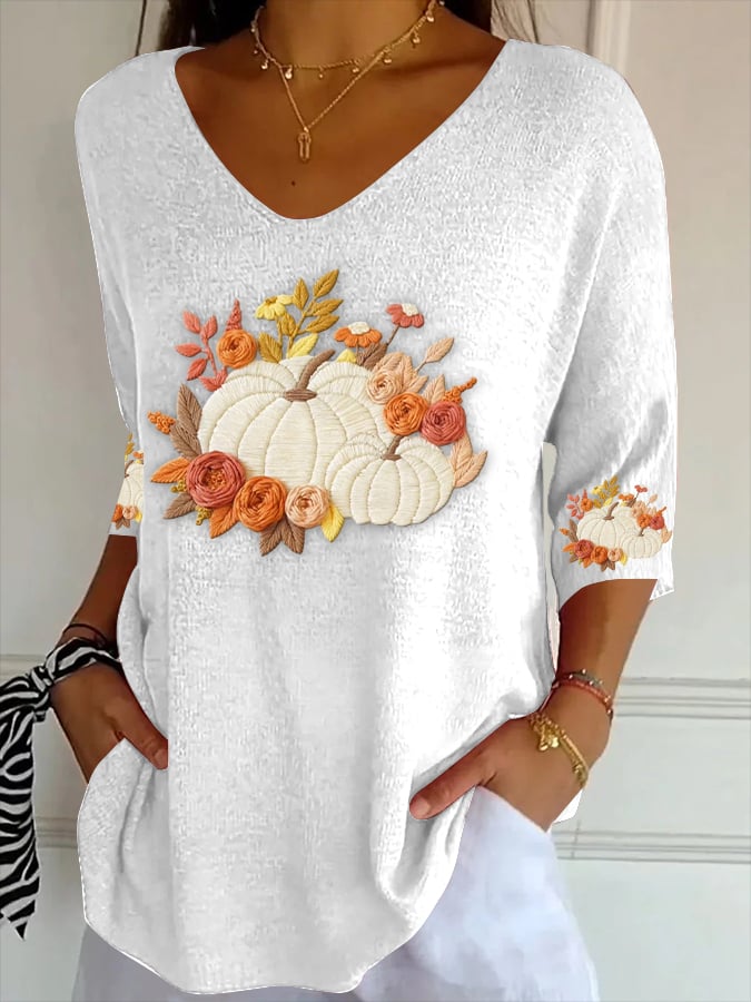 Women's Autumn Pumpkin Striped Three-quarter Sleeve Top
