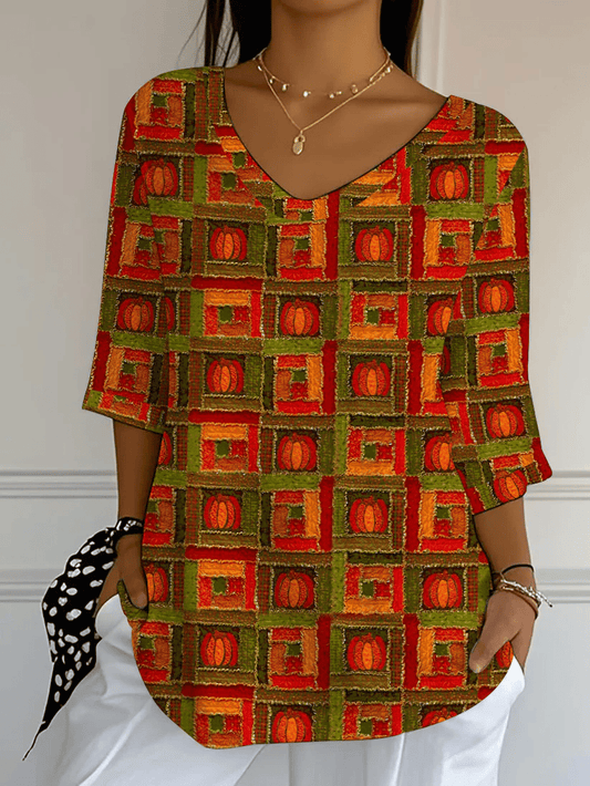 Women's Autumn Maple Leaf Pumpkin Printed T-Shirt