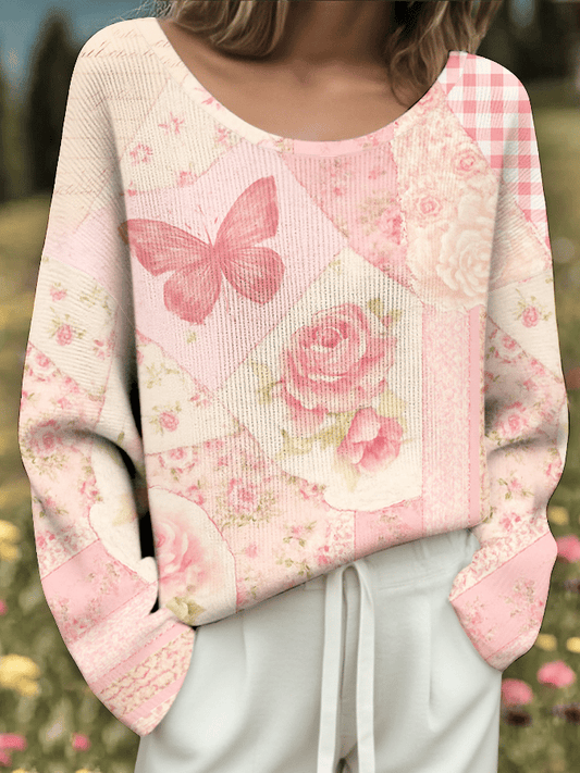 Women's Breast Cancer Flowers Print Drop Shoulder Sweater