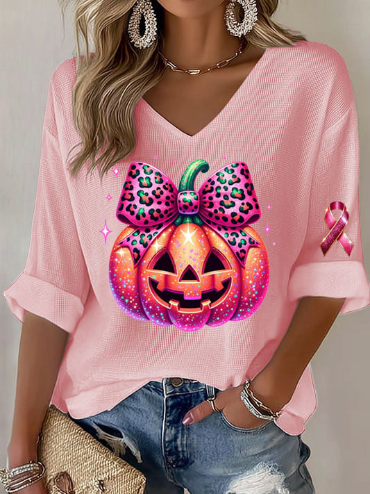 Women's Casual Breast Cancer Awareness Pumpkin Long Sleeve T-Shirt