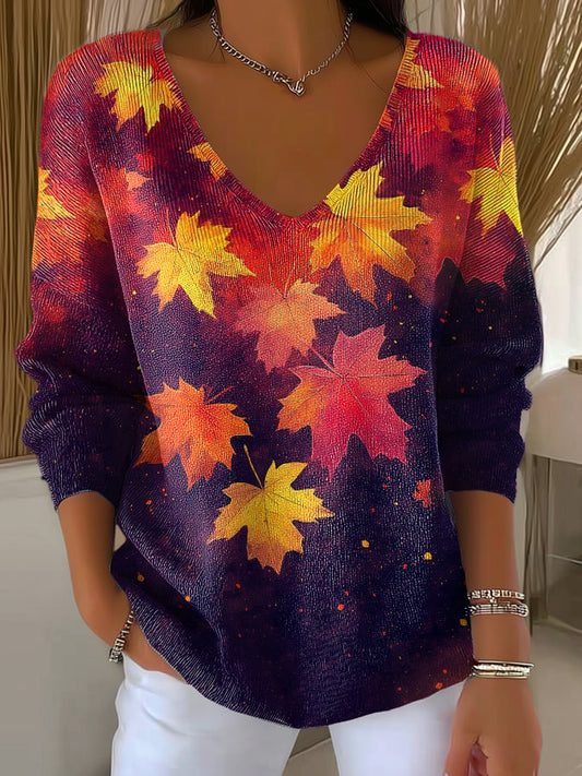 Women's Casual Autumn Maple Leaf Oil Painting Striped T-Shirt