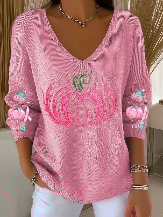 Women's Breast Cancer Sequin Pumpkin Print Casual Striped Fabric Long Sleeve T-Shirt