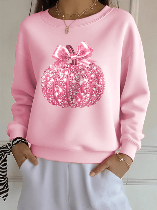 Women's Breast Cancer Sequin Pumpkin Print Crew Neck Sweatshirt