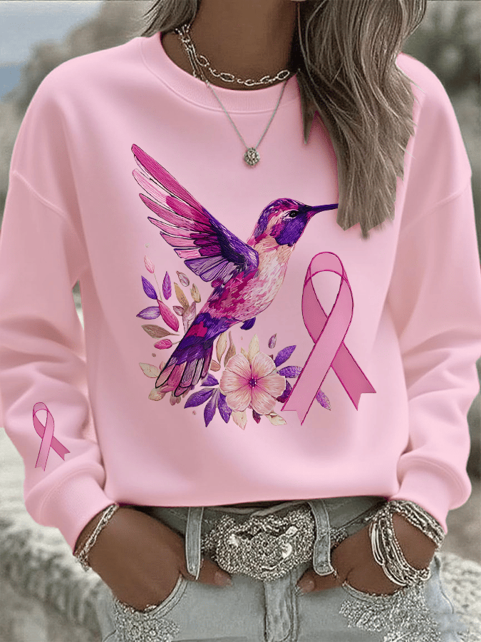 Women's Breast Cancer Hummingbird Print Crew Neck Sweatshirt