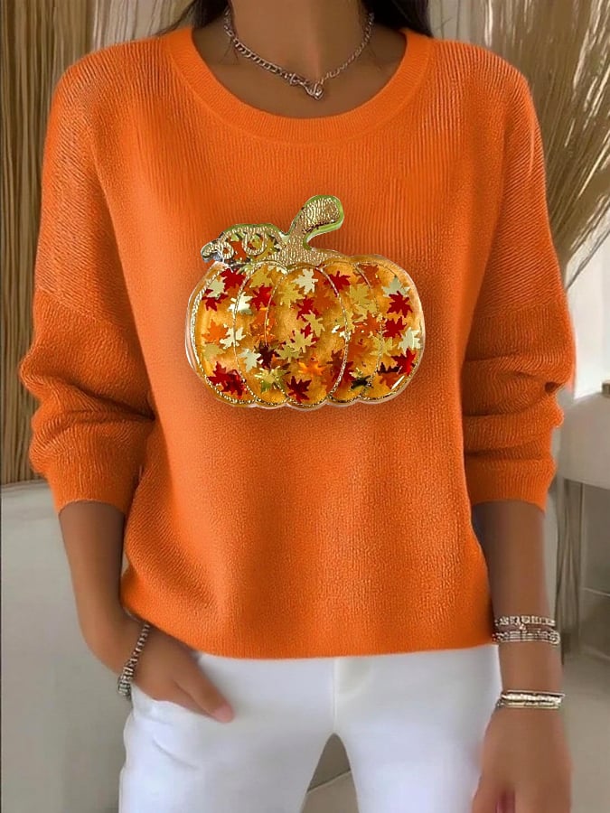 Women's Casual Maple Leaf Pumpkin Autumn Striped Round Neck Long Sleeve Top