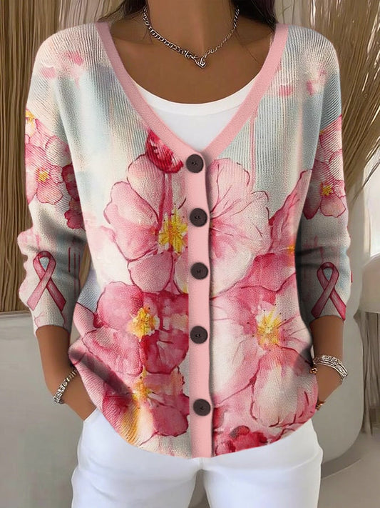 Women's Pink Floral Print Knitted Cardigan