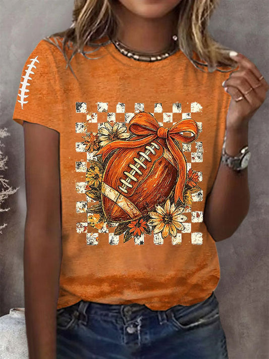 Women's Fall Rugby Print Crew Neck T-Shirt