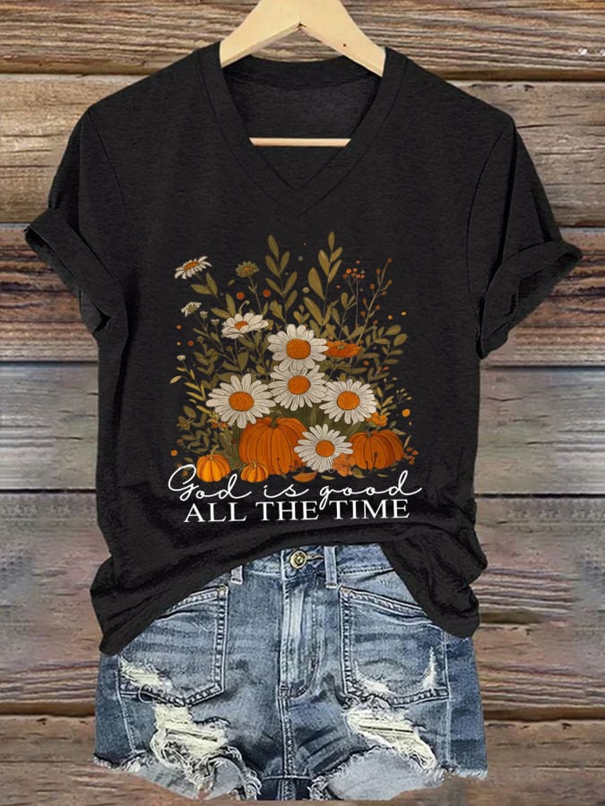 V-Neck Retro Autumn Christianity Print T-Shirt