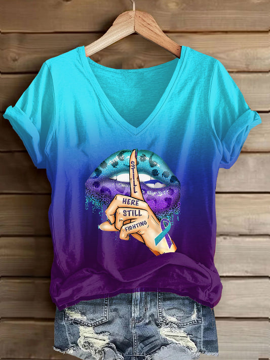 Women's Suicide Prevention Awareness Still Here Still Fighting Lips Printed Casual T-Shirt