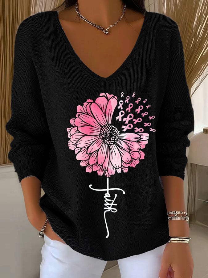 Women's Faith Breast Cancer Awareness Sunflower Print T-Shirt