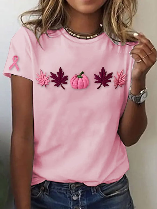Women's casual pink maple leaf pumpkin T-shirt