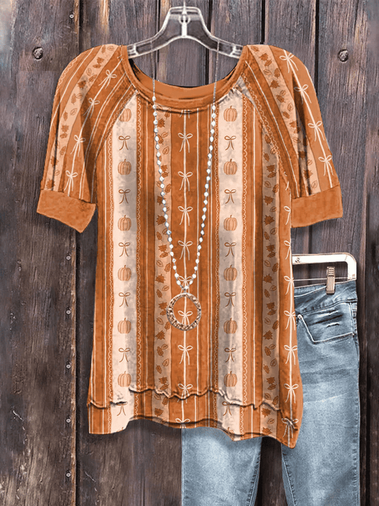 Women's Fall Pumpkin Floral Print Casual T-Shirt