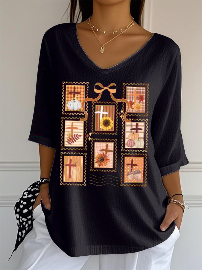 Women's Autumn Pumpkin Season Print Mid-Sleeve Casual T-Shirt