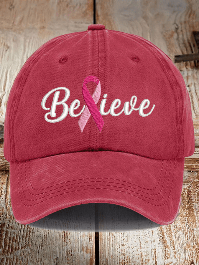 Breast Cancer Believe Ribbon Print Hat