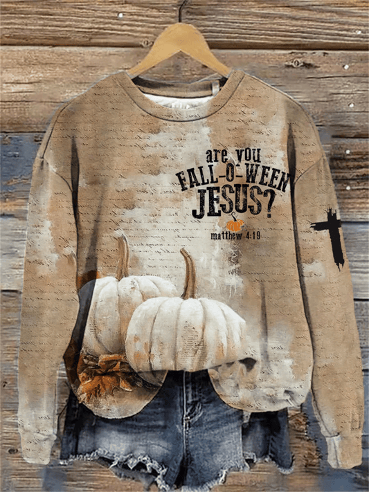 Women's Are You FALL-O-WEEN JESUS? Matthew 4:19 Print Crew Neck Sweatshirt