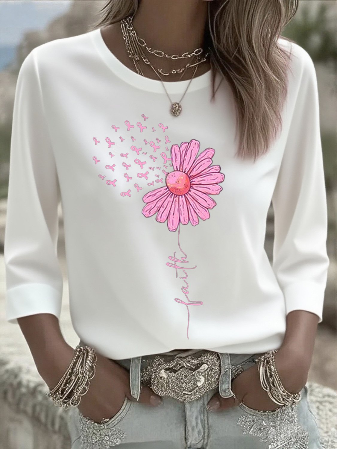 Women's Breast Cancer Faith Printed T-Shirt