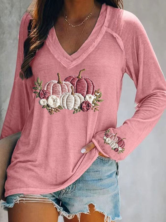 Women's casual pink pumpkin long-sleeved T-shirt
