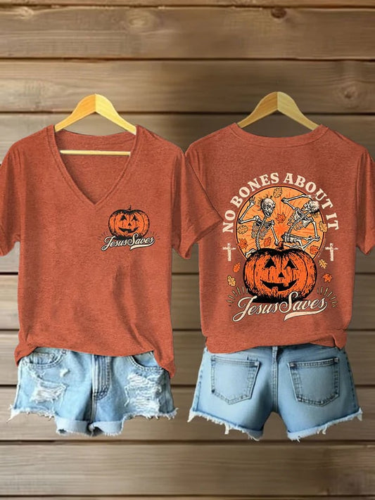 Halloween Pumpkin Skull Women's Faith Print V-Neck T-Shirt