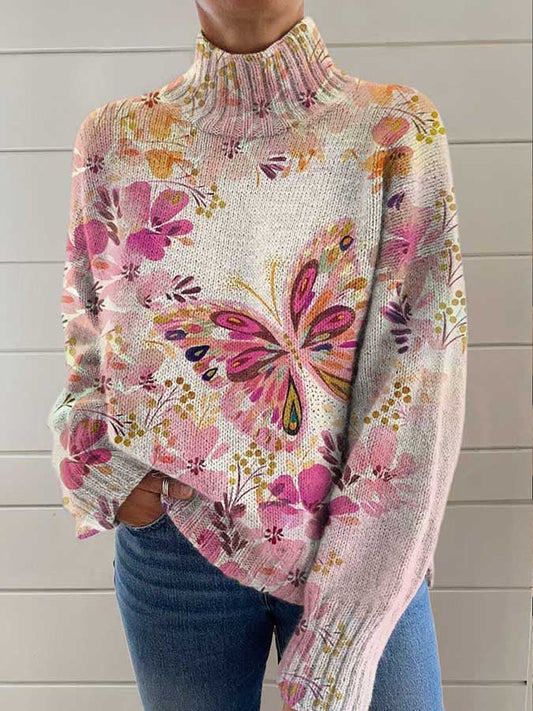 Women's Butterfly Floral Breast Cancer Awareness Print Turtleneck Pullover Sweater