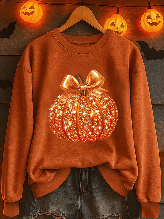 Women's Sequin Pumpkin Print Crew Neck Sweatshirt