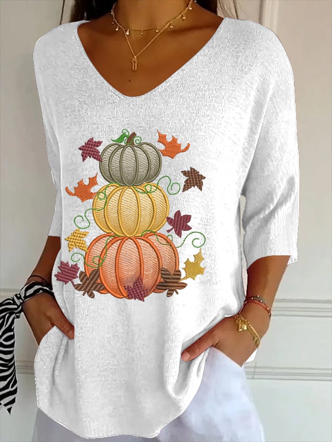 Women's Casual Autumn Pumpkin Striped T-Shirt