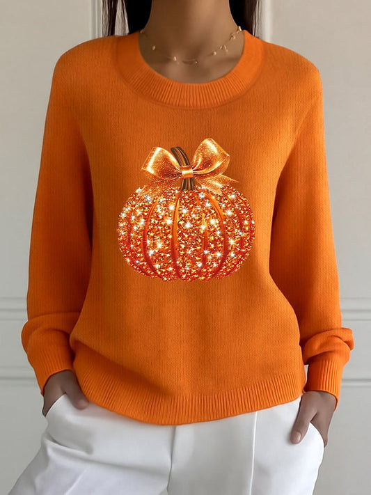 Women's Autumn Sequined Pumpkin Crew Neck Sweater