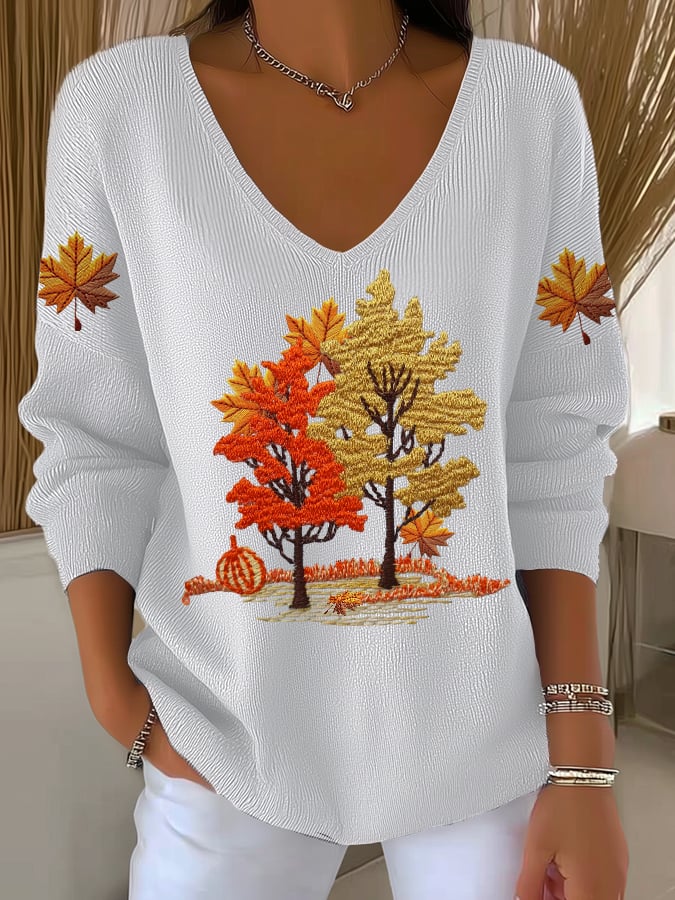 Women's Autumn Maple Leaf Striped Long-Sleeved Top