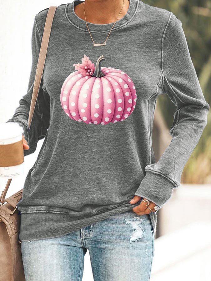 Women's Pink Pumpkin Print Casual Sweatshirt