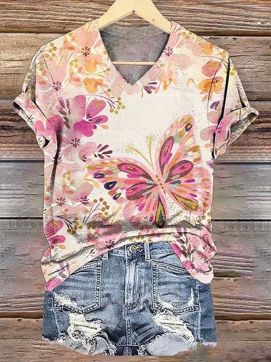 Women's Butterfly Floral Breast Cancer Awareness Printed T-shirt