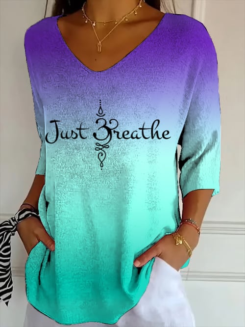 Women's Just Breathe Print V Neck Top