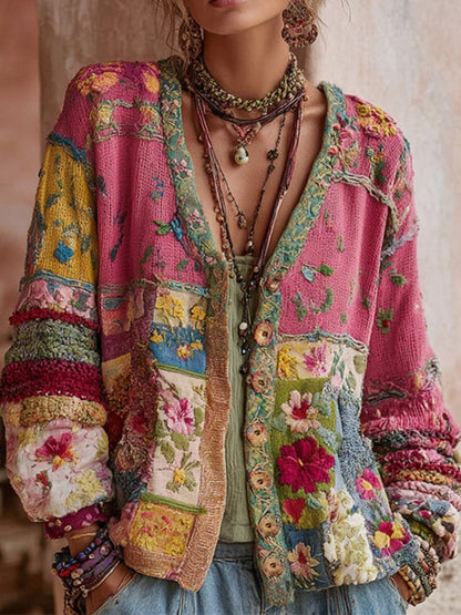 Women's Pink Vintage Embroidery Flowers Cozy Hooded Cardigan