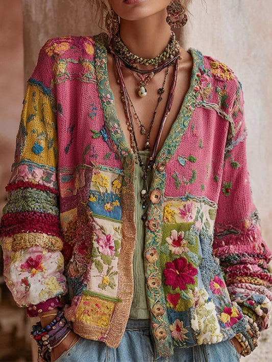 Women's Pink Vintage Embroidery Flowers Cozy Hooded Cardigan