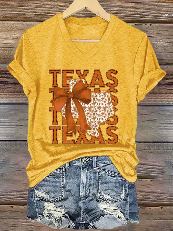 V-Neck Retro Burnt Orange Texas Coquette Bow Print T-Shirt