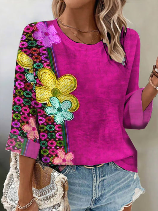 Women's Retro Pink Floral Art Print Shirt