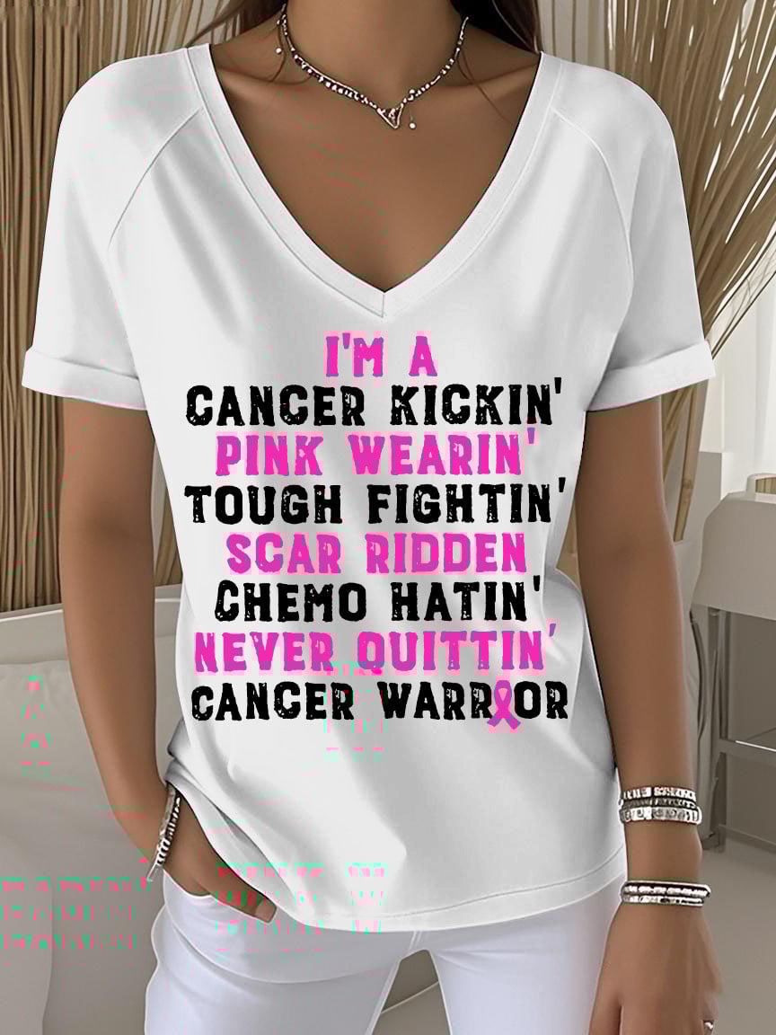 Women's Retro Breast Cancer Awareness Cancer Kickin' Chemo Hat In' Warrior Printed Raglan V-Neck T-Shirt