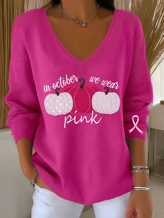 Women's Breast Cancer Pumpkin Print Casual Striped Fabric Long Sleeve T-Shirt