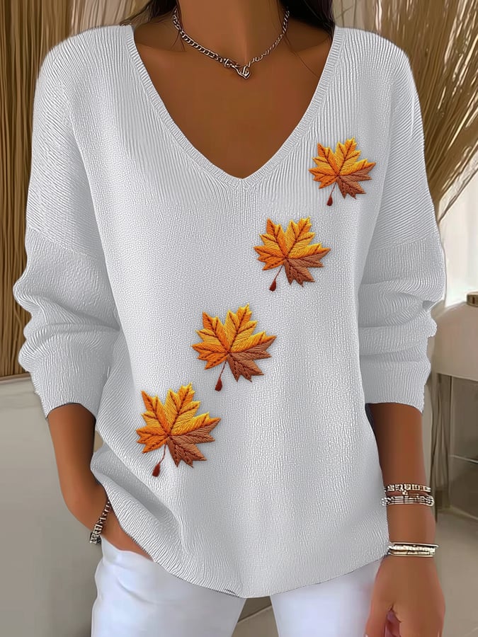 Women's Autumn Maple Leaf Striped Long-Sleeved Top