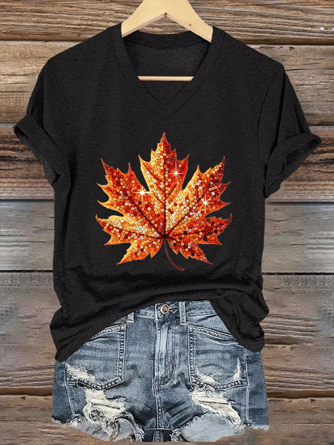 Women's Autumn Sequin Maple Leaf Print V-Neck T-Shirt