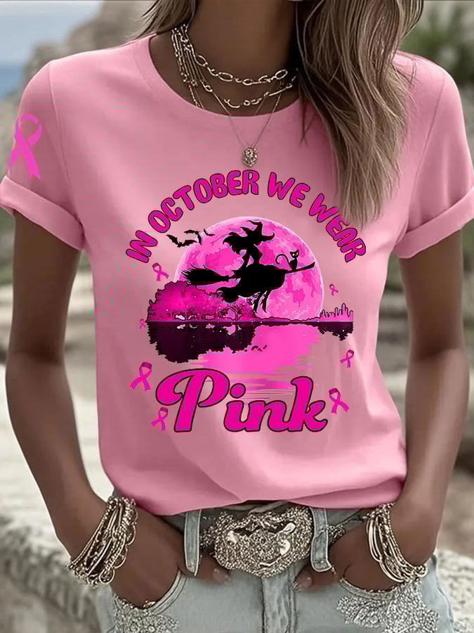 Women's In October We Wear Pink Breast Cancer Witch Print Casual T-shirt