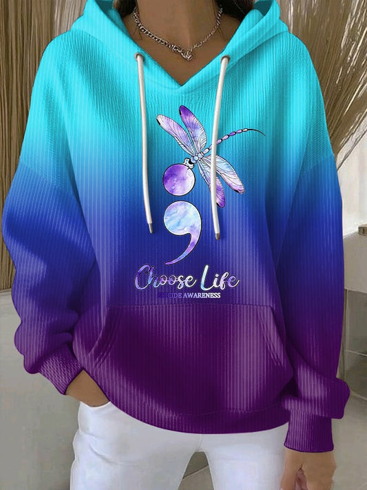 Women's Retro Choose Life Suicide Awareness Print Casual Hoodie