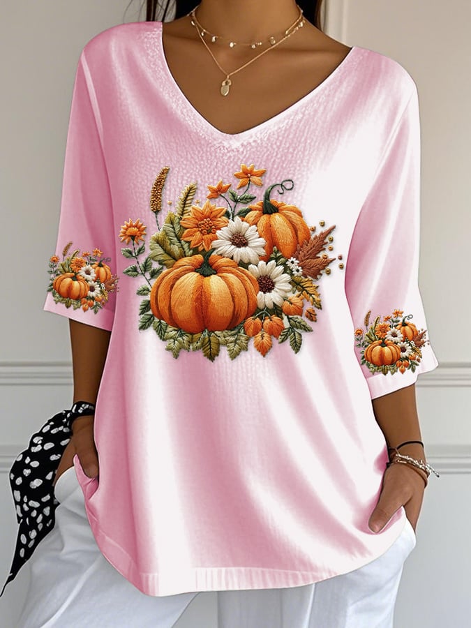 Women's Casual Pumpkin Bubble Ruffled Three-quarter Sleeve Top