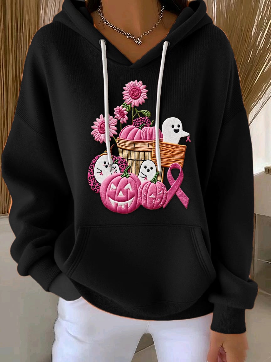 Women's Breast Cancer Sequin Pumpkin Print Casual Hoodie