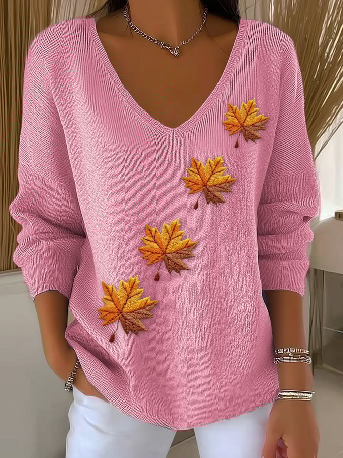 Women's Autumn Maple Leaf Striped Long-Sleeved Top