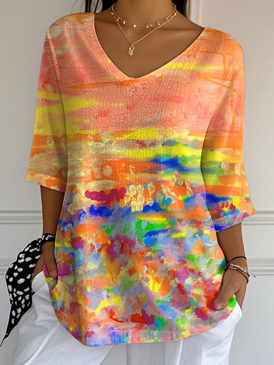 Women's Casual Autumn Oil Painting Bubble Wrinkle Cotton And Linen Top