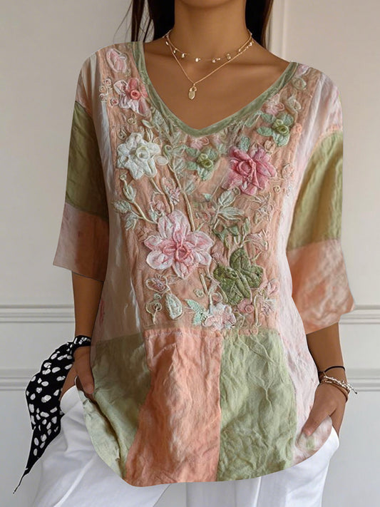 Women's summer cotton and linen elegant floral imitation embroidery print casual tops