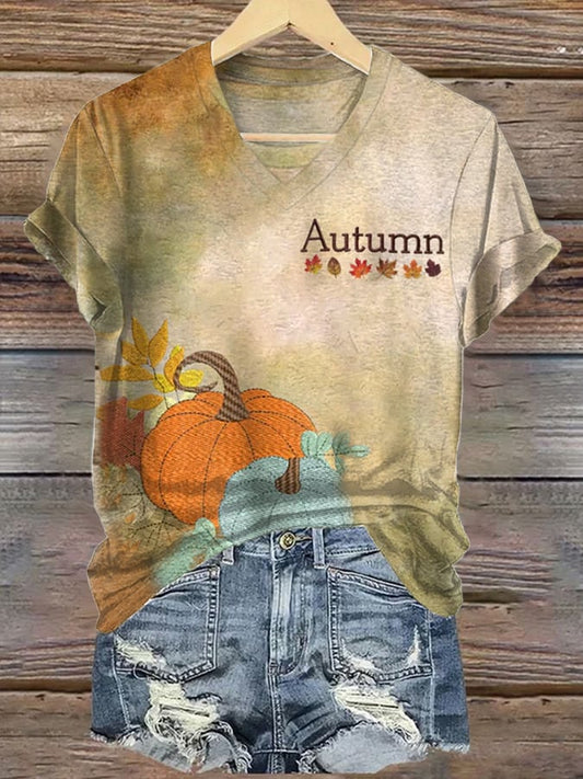 Women's Autumn Pumpkin Printed Short-Sleeved T-Shirt
