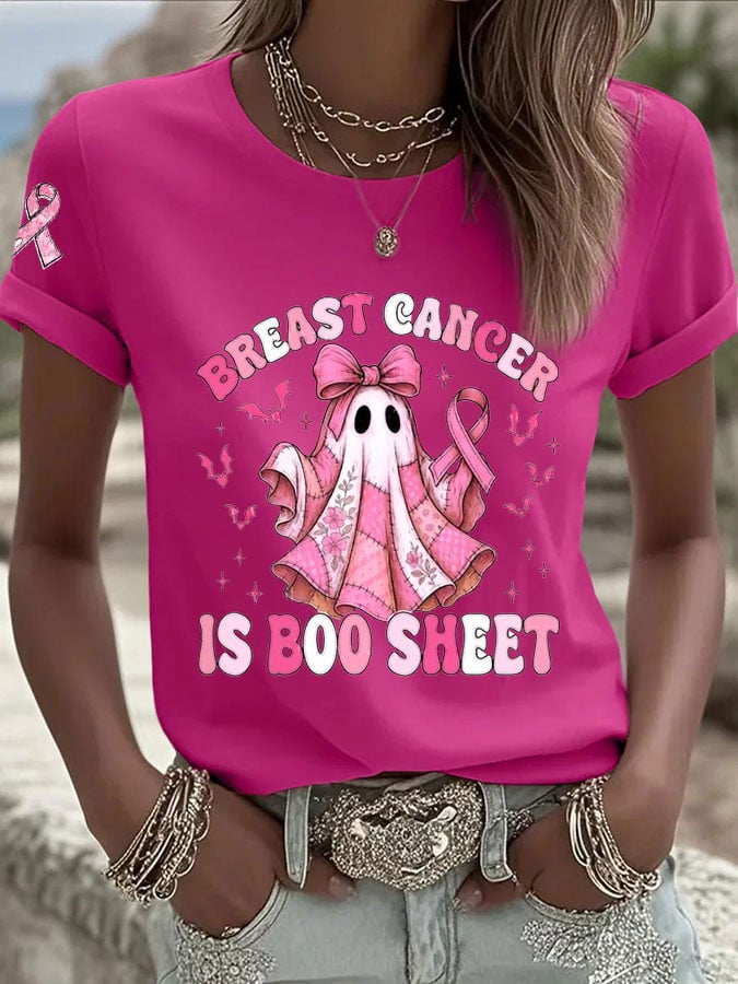 Women's Casual Retro Breast Cancer is Boo Sheet Ghost T-Shirt